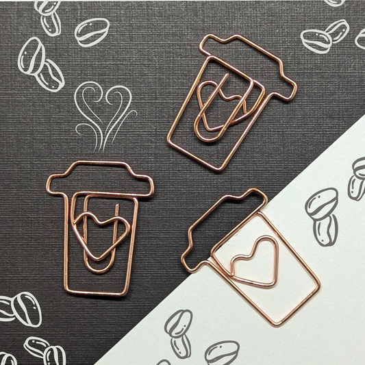 Rose Gold Metal Paper Clip - Coffee Cup With Heart  - Single Paperclip